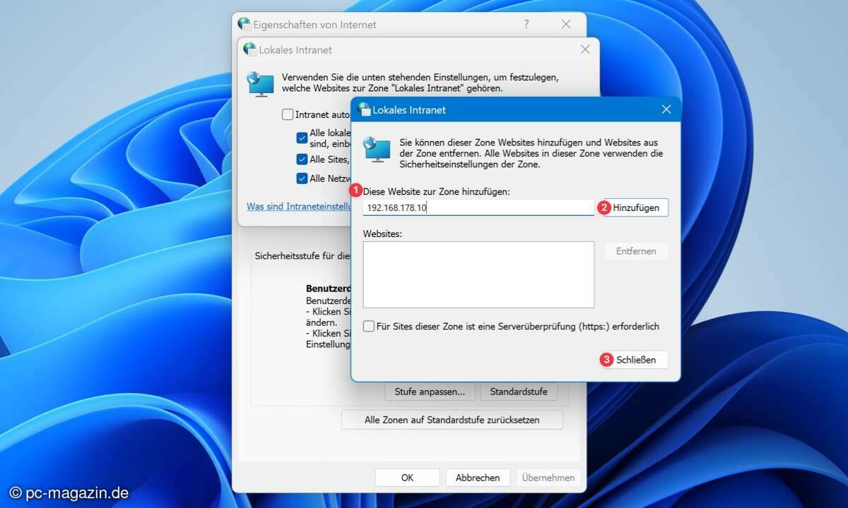Dann können Sie IP-Adressen oder Netzwerkdomänen eintragen und hinzufügen, die Sie als vertrauenswürdig erachten. Tragen Sie hier nun die **IP-Adresse Ihres NAS-Laufwerks oder des Rechners im Heimnetzwerk** ein, dessen Laufwerke Sie eingebunden haben