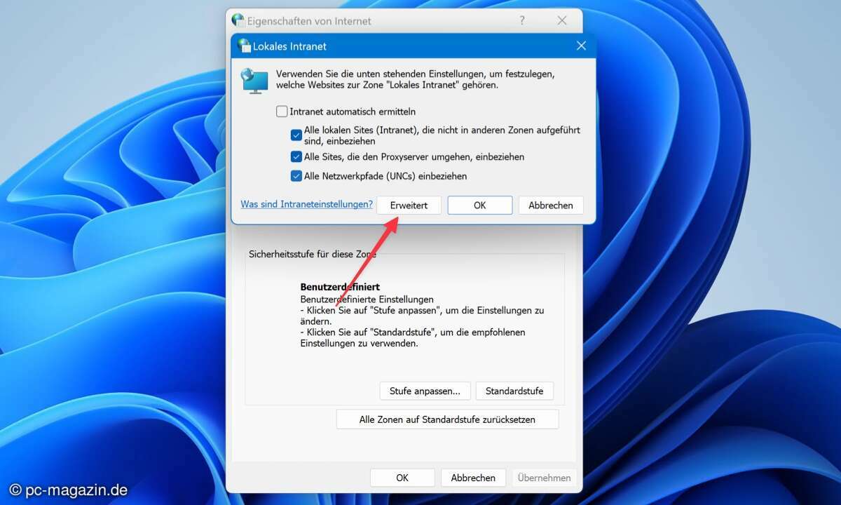 Klicken Sie unter Sites unten neben „OK“ auf „**Erweitert**“.