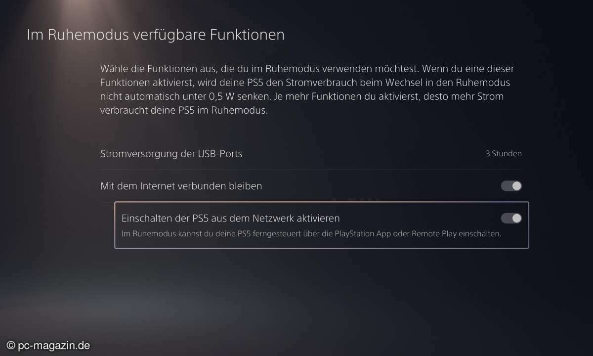 In den Energieeinstellungen legen Sie fest, dass die PS5 per Remote Play auch aus dem Ruhezustand starten kann.