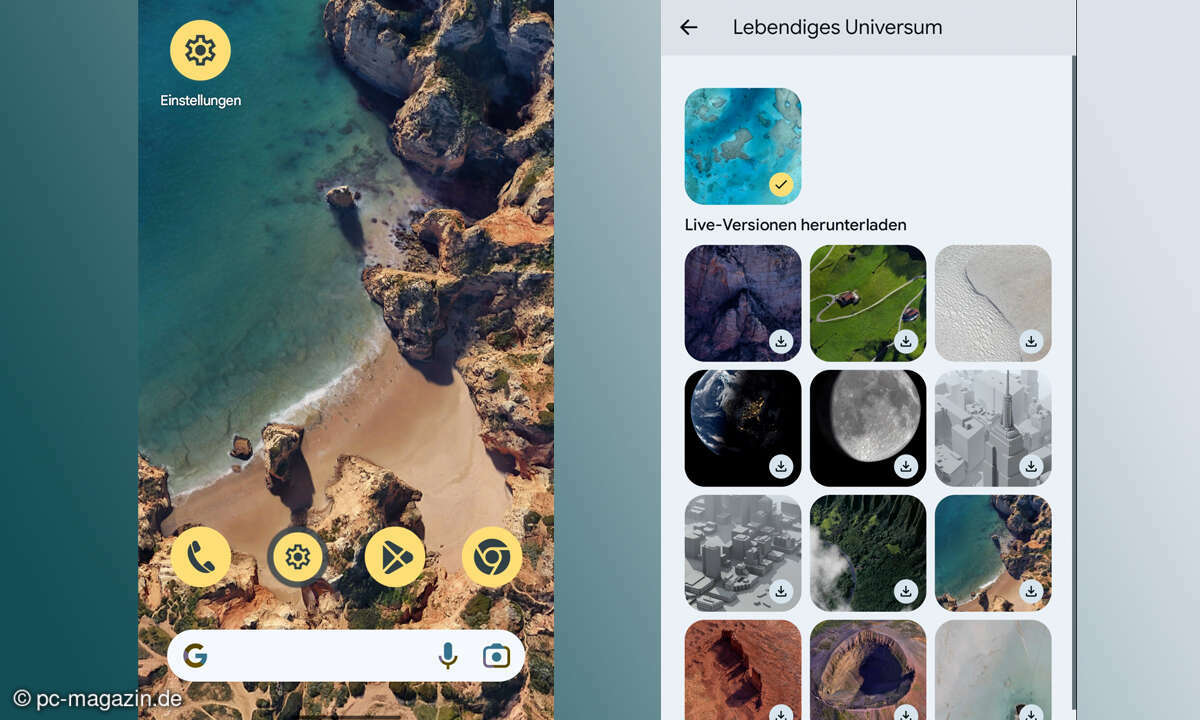 Live-Hintergrundbilder erkennen Sie an den Download-Pfeilen in den Einstellungen. Die Animationen bringen zum Beispiel an den Strand brandende Wellen in den Hintergrund des Startbildschirms.