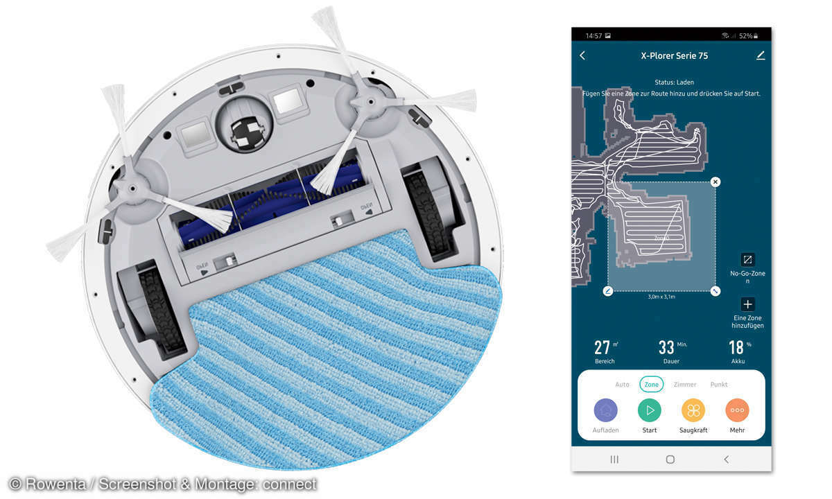 Der Rowenta X-plorer Serie 75 Total Care Connect von unten. Bereiche, in denen nicht gesaugt oder gewischt werden soll, lassen sich in der übersichtlichen App präzise definieren.