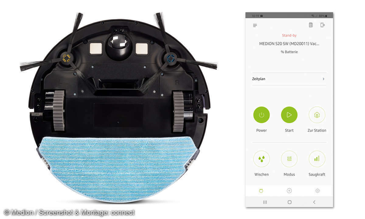 Der Medion Saugroboter S20 SW von unten. Die aufgeräumte Startseite der Medion-App zeigt alle relevanten Funktionen auf einen Blick.