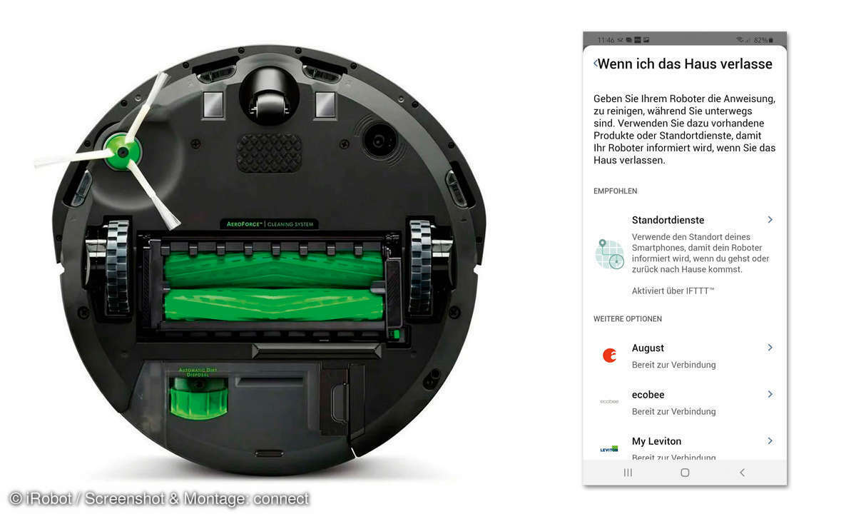 Der iRobot Roomba i3+ von unten. Auf Wunsch beginnt der Roomba i3+ mit dem Saugen, wenn sein Besitzer das Haus verlässt.