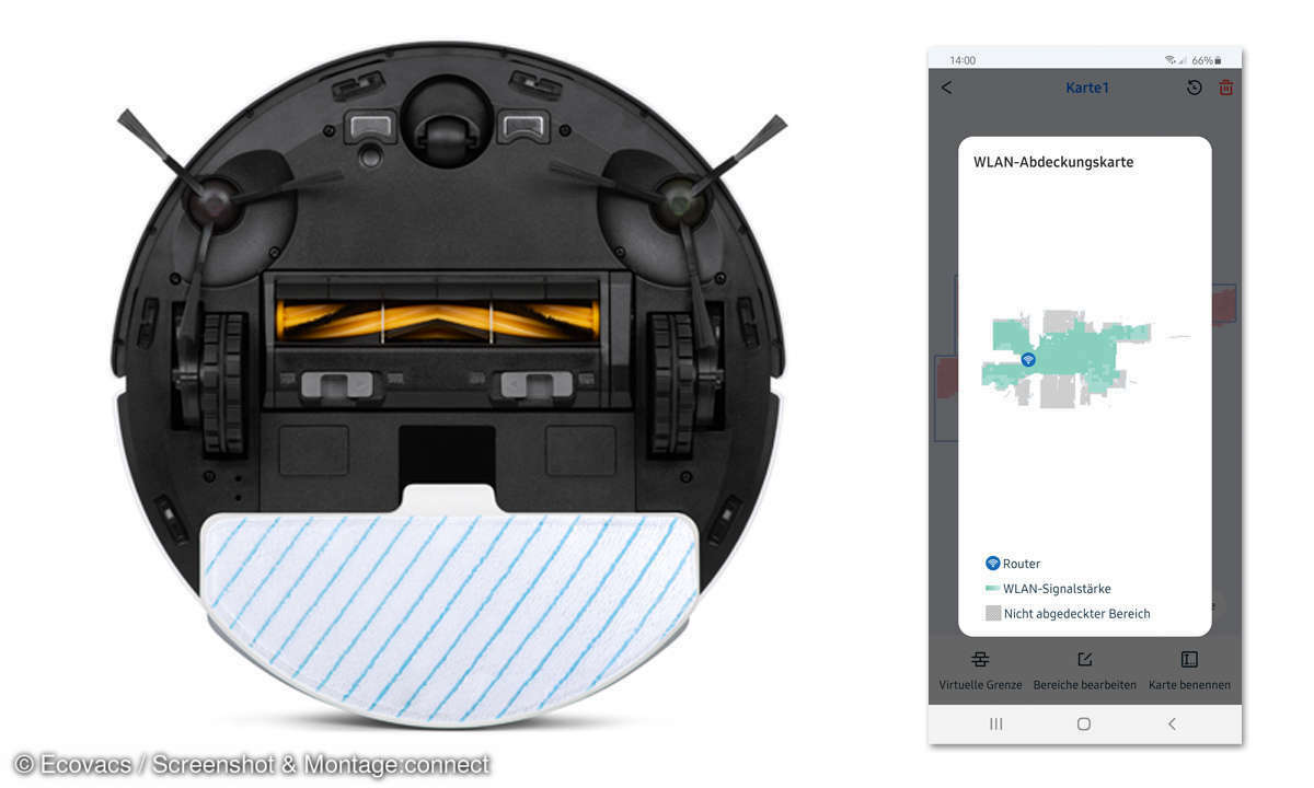 Saug-Wisch-Roboter von unten. Neben einer übersichtlichen 3D-Ansicht lässt sich beim Deebot T9+ nun auch die WLAN-Abdeckung visualisieren.