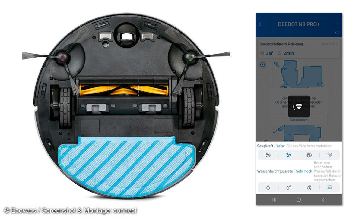 Der Ecovacs Deebot N8 Pro+ von unten. Gleich vier verschiedene Stufen für die Saug- und die Wischstärke stehen in der App zur Wahl.