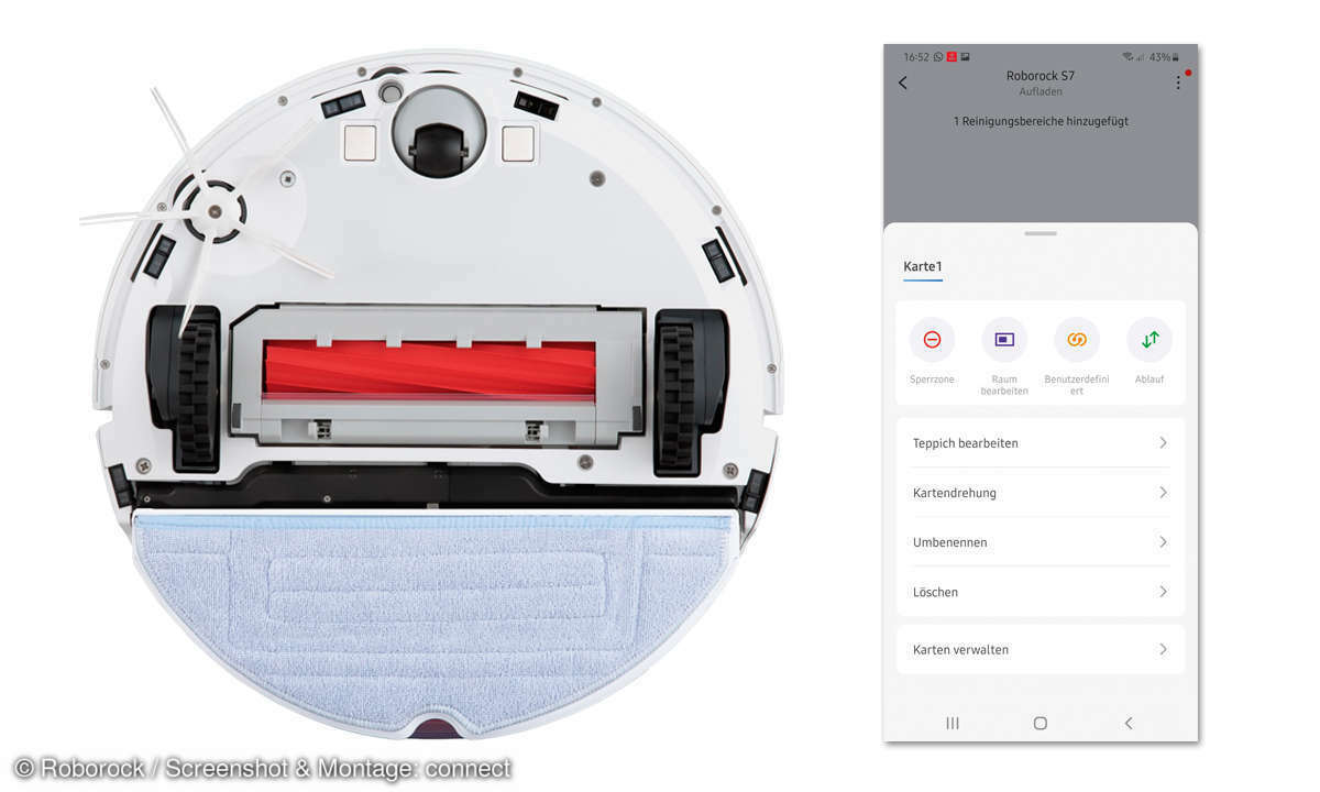Der Roborock S7 von unten. Die App bietet eine Vielzahl an Einstellungsmöglichkeiten für bis zu vier verschiedene Grundrisse.