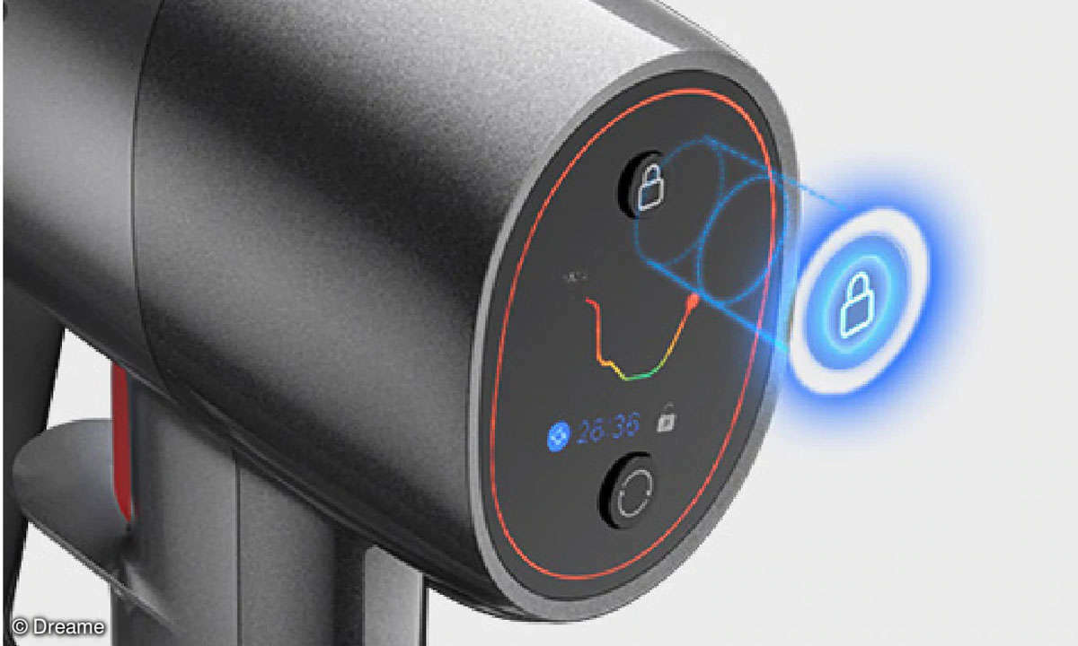 Schick und informativ: Das LCD informiert über die Staubbelastung und die Restlaufzeit. Mit dem Knopf oben lässt sich der Dauerbetrieb einstellen.