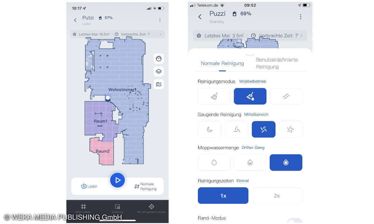 In der Shellbot-App lassen die die Räume kartieren und Einstellungen zur Saugstärke oder Reinigungsart (Saugen, Wischen oder saugen und Wischen) vornehmen.