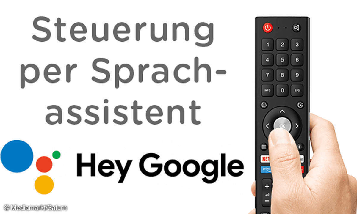 Der ok.-TV läuft mit Android TV. Entsprechend lässt er sich per Google Assistant steuern – oder mit der hochwertigen Fernbedienung.