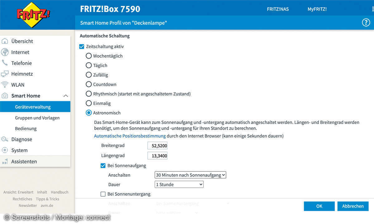 Über die Fritzbox-Oberfläche definieren Sie Zeitschaltungen für die LED-Lampe.