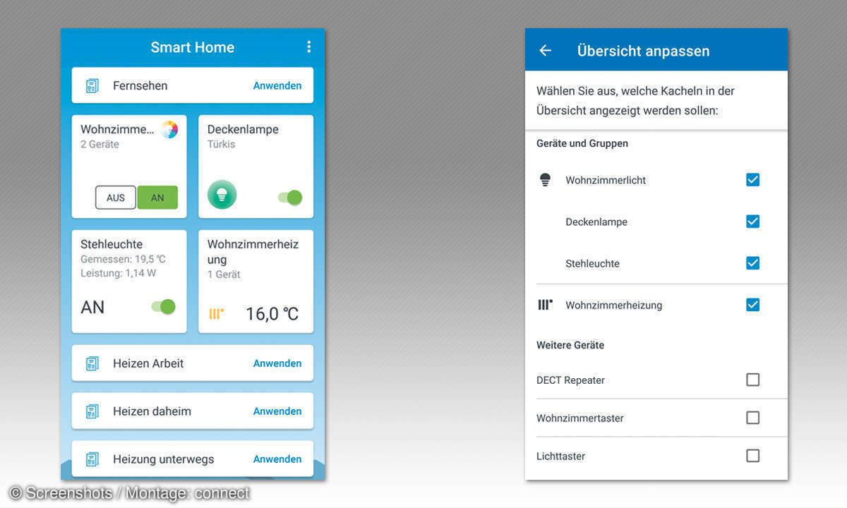 (links) Die Kacheln der Fritz App Smart Home lassen sich verschieben, indem Sie Ihren Finger lange darauflegen und sie sich aus dem Raster lösen. (rechts) In der App bestimmen Sie, welche Geräte, Gruppen und Vorlagen auf der Übersichtsseite erscheine