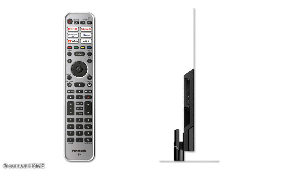 Panasonic TX-65LZW1004 im Test: Fernbedienung und TV Seitenansicht