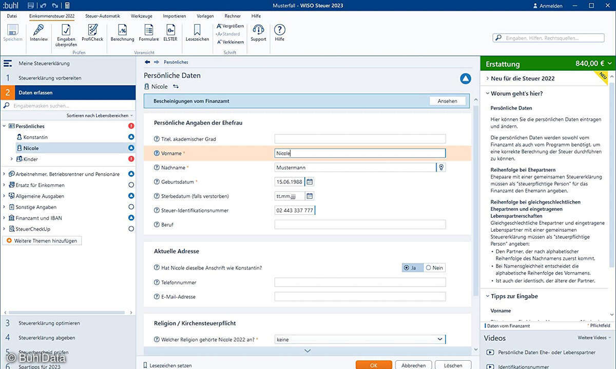 Online_BuhlData-WISO-Steuer-2023_Screenshot_Datenerfassung