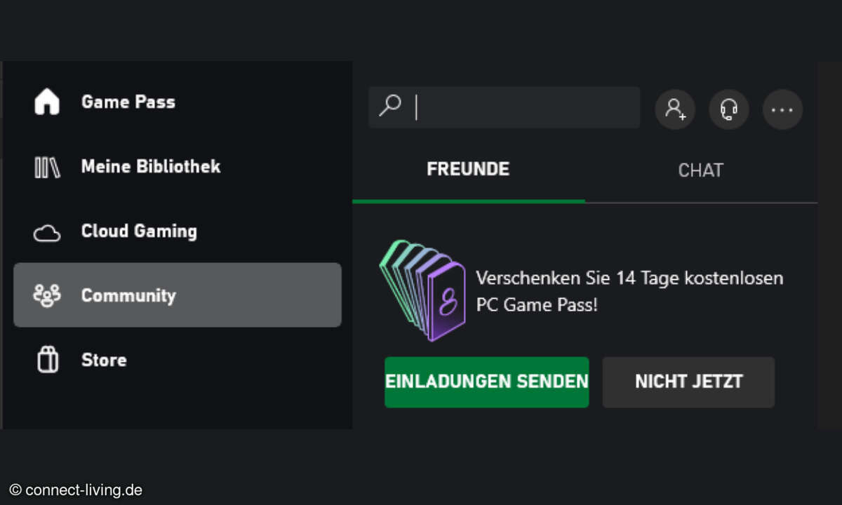 Im Community-Tab der Xbox-App für Windows findet sich die Möglichkeit, den Game Pass weiterzugeben.