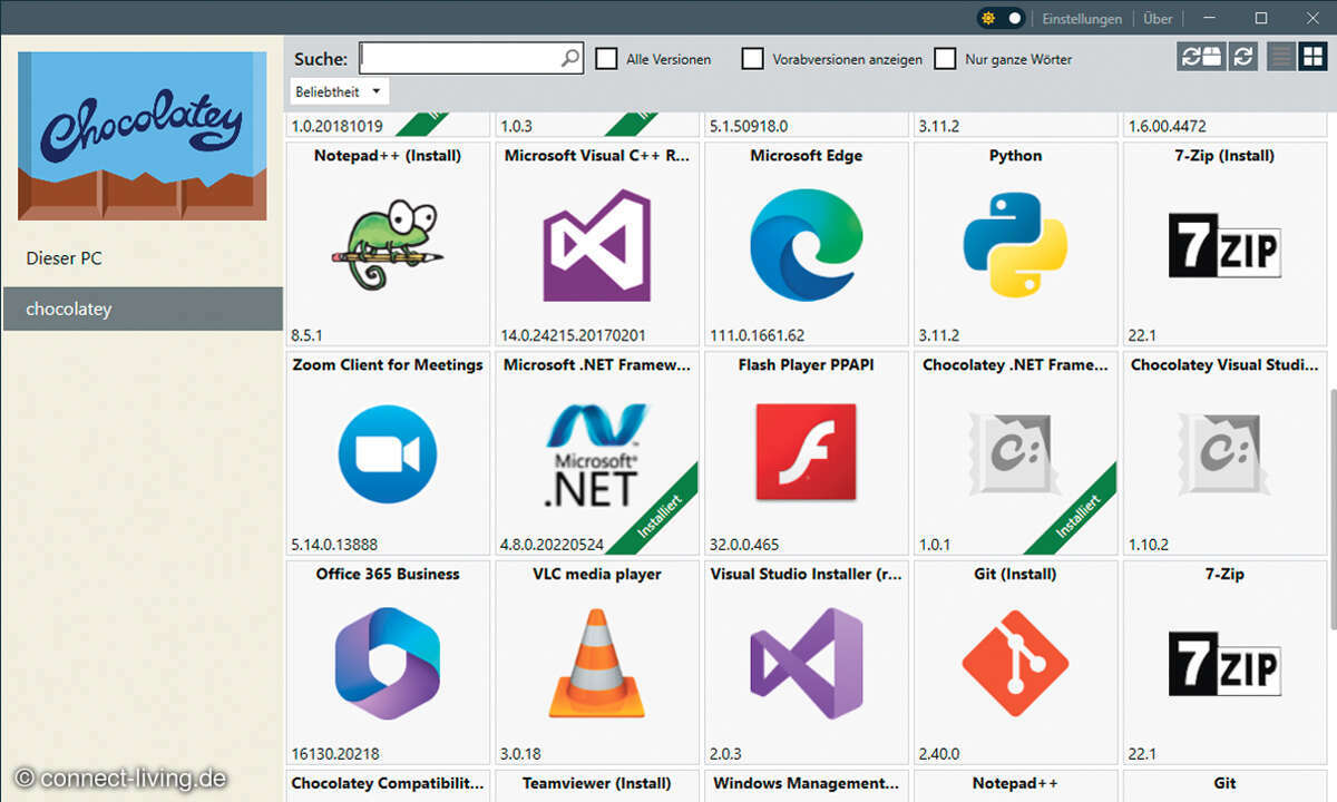 Paketmanager Chocolatey: Screenshot Windows-Oberfläche