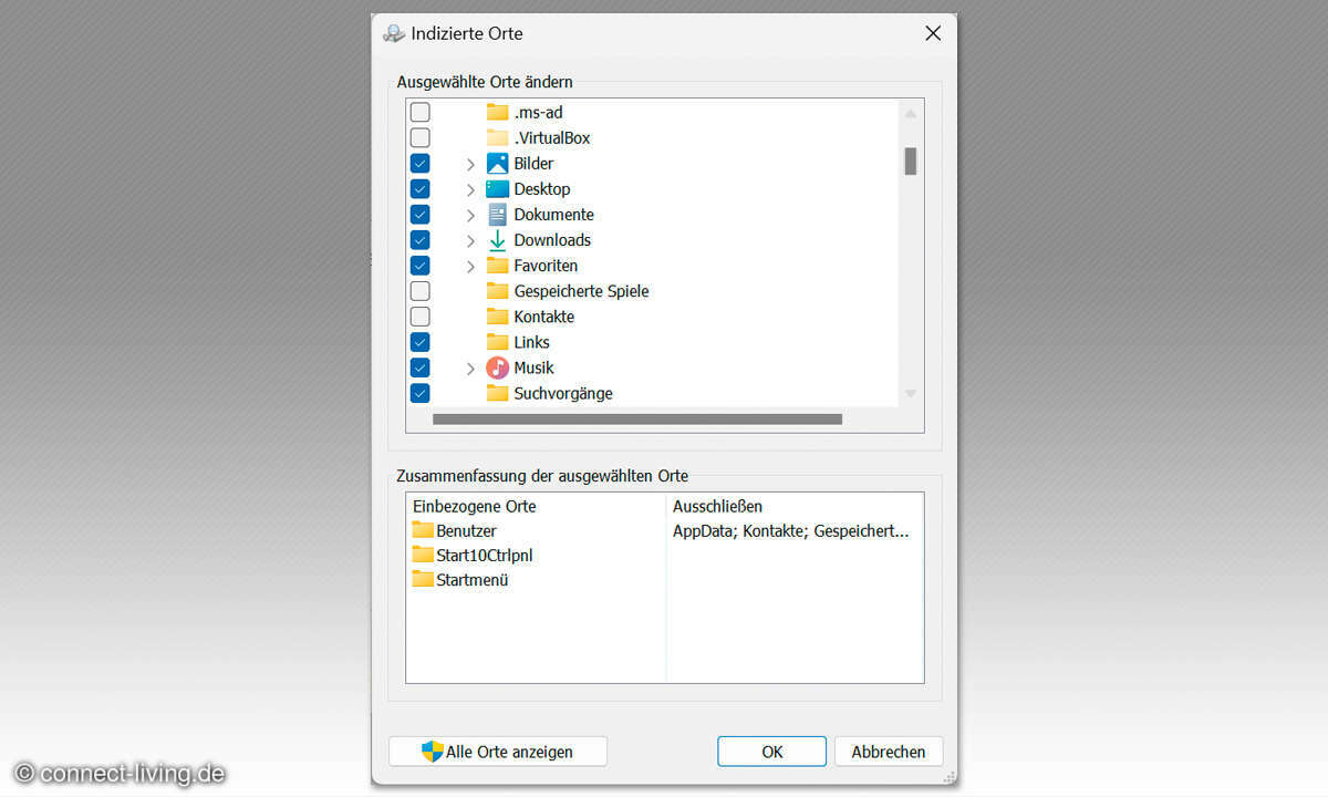 Windows 11: Windows-Suche - Screenshot Suchindex anpassen