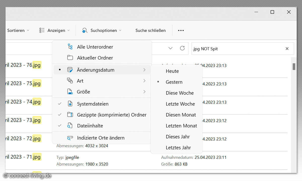 Windows 11: Windows-Suche - Screenshot - Ergebnisse im Explorer filtern