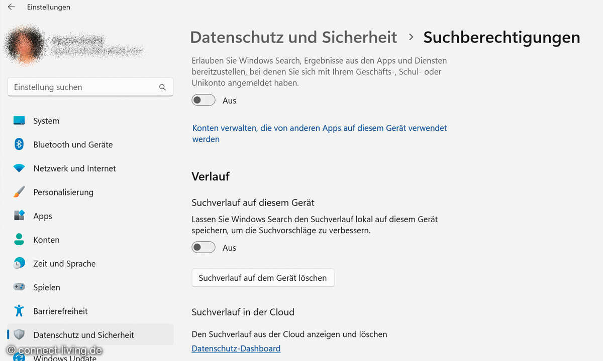 Windows 11: Windows-Suche - Screenshot - Suchverlauf löschen