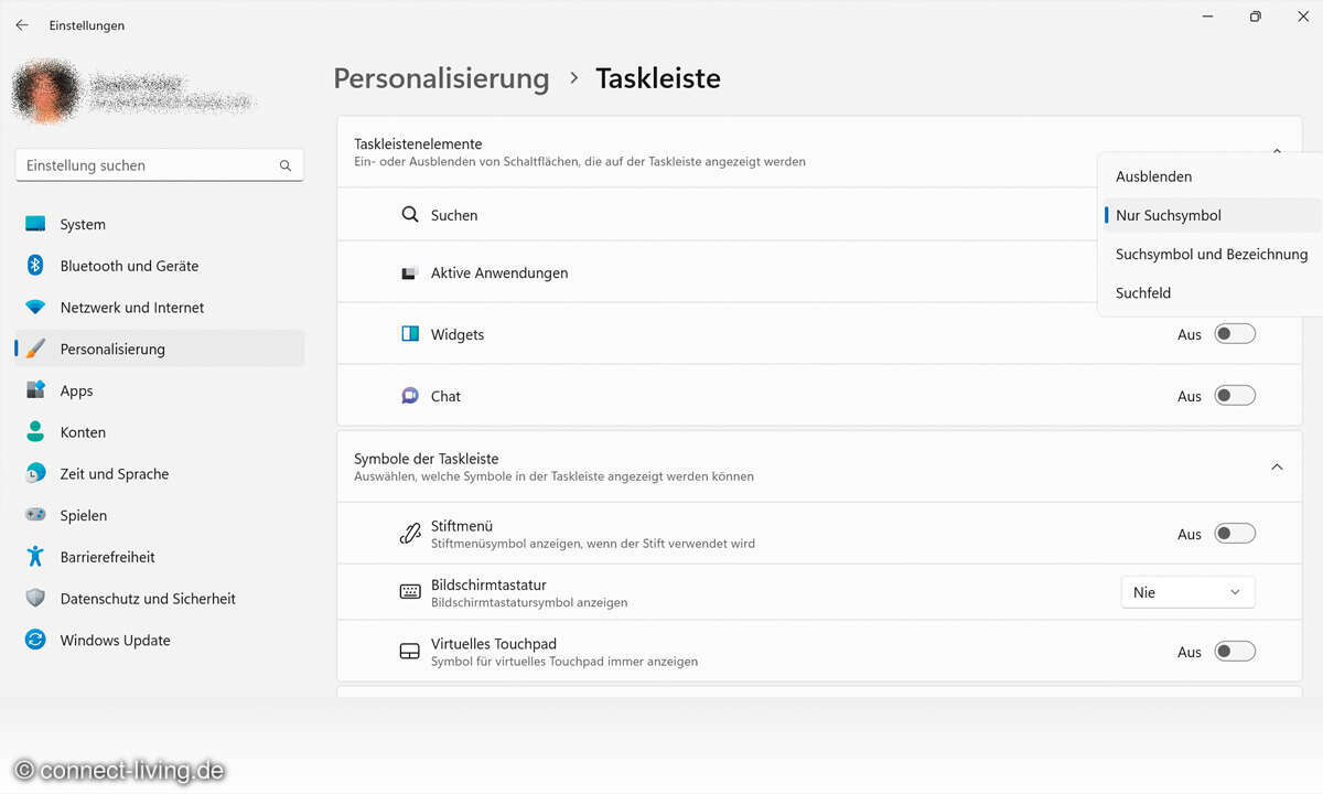 Windows 11: Windows-Suche - Screenshot - Suchsymbol ausblenden