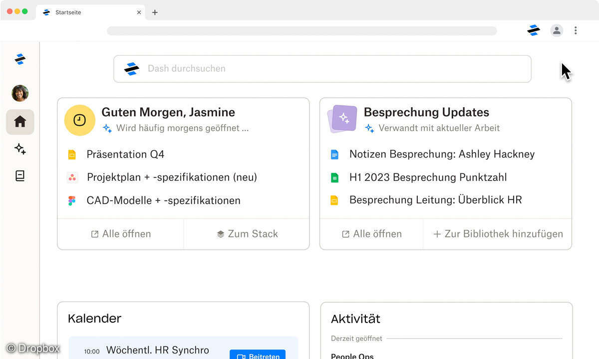 Dropbox hat zwei neue Produkte angekündigt. Hier das „Startseiten“-Feature von Dropbox Dash.