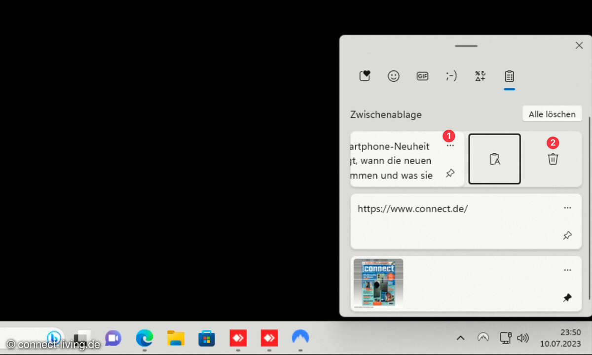 Sie können sowohl einzelne Einträge wie auch den kompletten Zwischenablagenverlauf leeren.