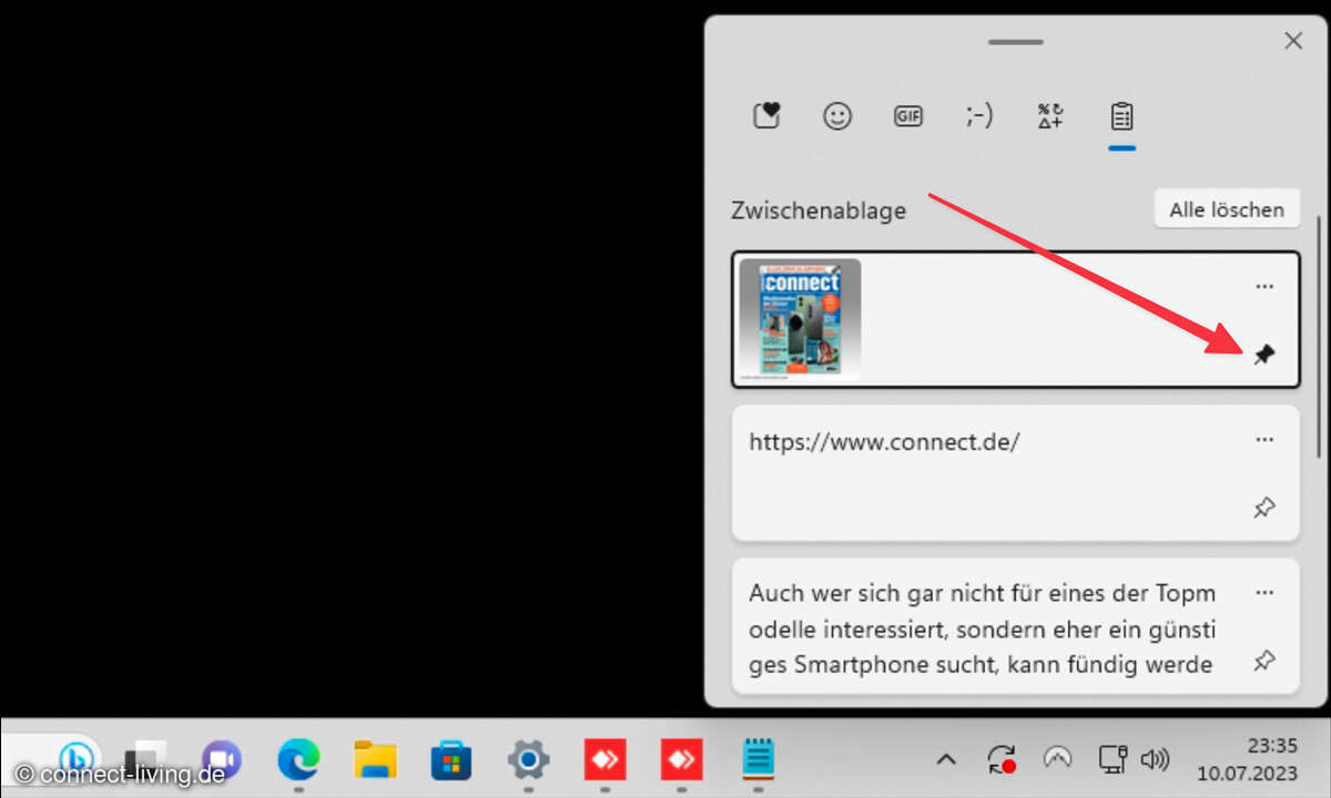 Über das Pin-Symbol können Sie Einträge im Verlauf anheften. Sie werden dann nicht mehr durch nachfolgende Einträge ersetzt und überstehen auch den Neustart des PCs.