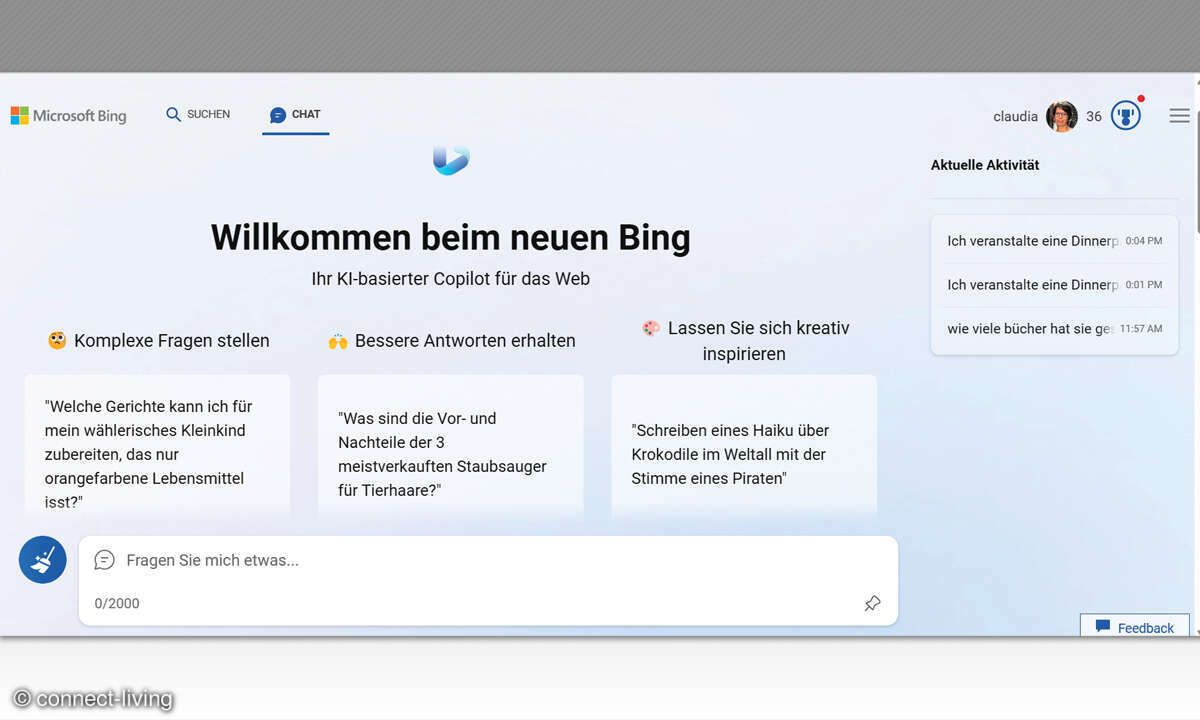 Der BING-Chatbot mit KI: Screenshot Bing Chatbot