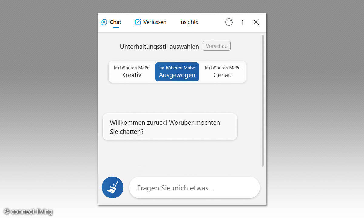 Der BING-Chatbot mit KI: Screenshot Den Unterhaltungsstil wählen