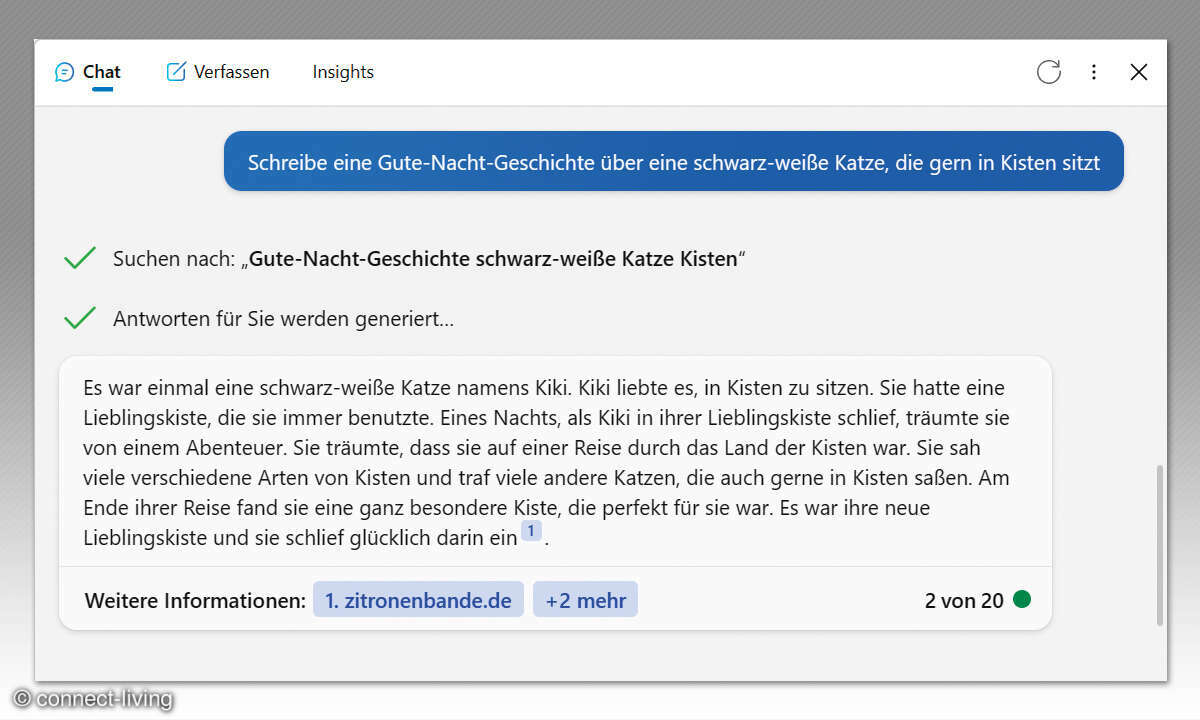 Der BING-Chatbot mit KI: Screenshot Texte und Gedichte schreiben