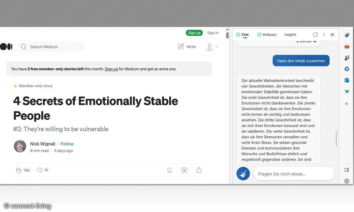 Der BING-Chatbot mit KI: Screenshot Texte zusammenfassen lassen