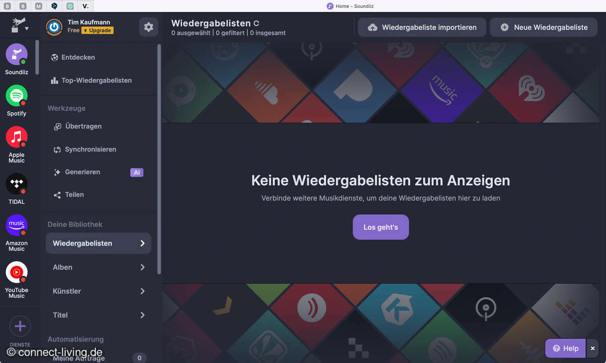 Registrieren Sie ein kostenloses Benutzerkonto bei [Soundiiz](https://soundiiz.com) und loggen Sie sich ein. 