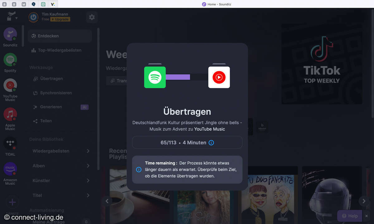 Je nach Anzahl der Titel dauert die Übertragung unterschiedlich lange.
