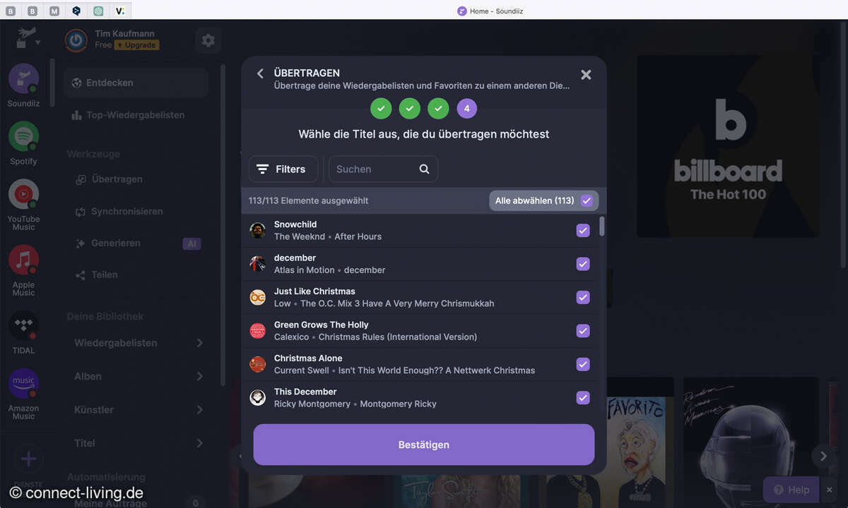 Soundiiz zeigt Ihnen nun die Titel der Playlist an. Sie können einzelne Titel vom Umzug ausschließen, indem Sie die Häkchen dahinter entfernen. Mit einem Klick auf