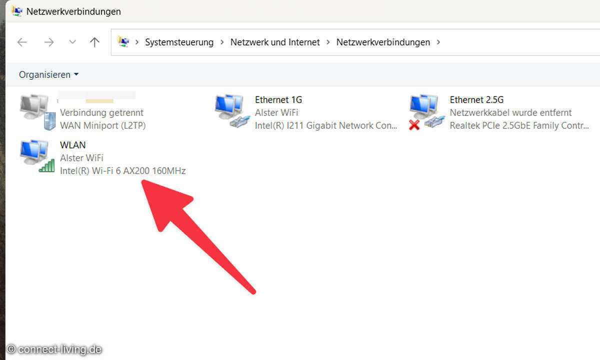 Windows 11 öffnet die Übersicht über die Netzwerkverbindungen. Klicken Sie dort mit der rechten Maustaste auf den WLAN-Adapter und dann auf