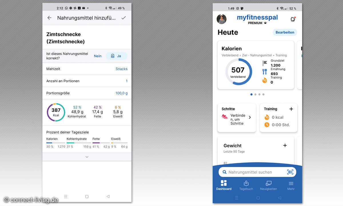 Gesundheits-Apps im Test: Screenshots MyFitnessPal