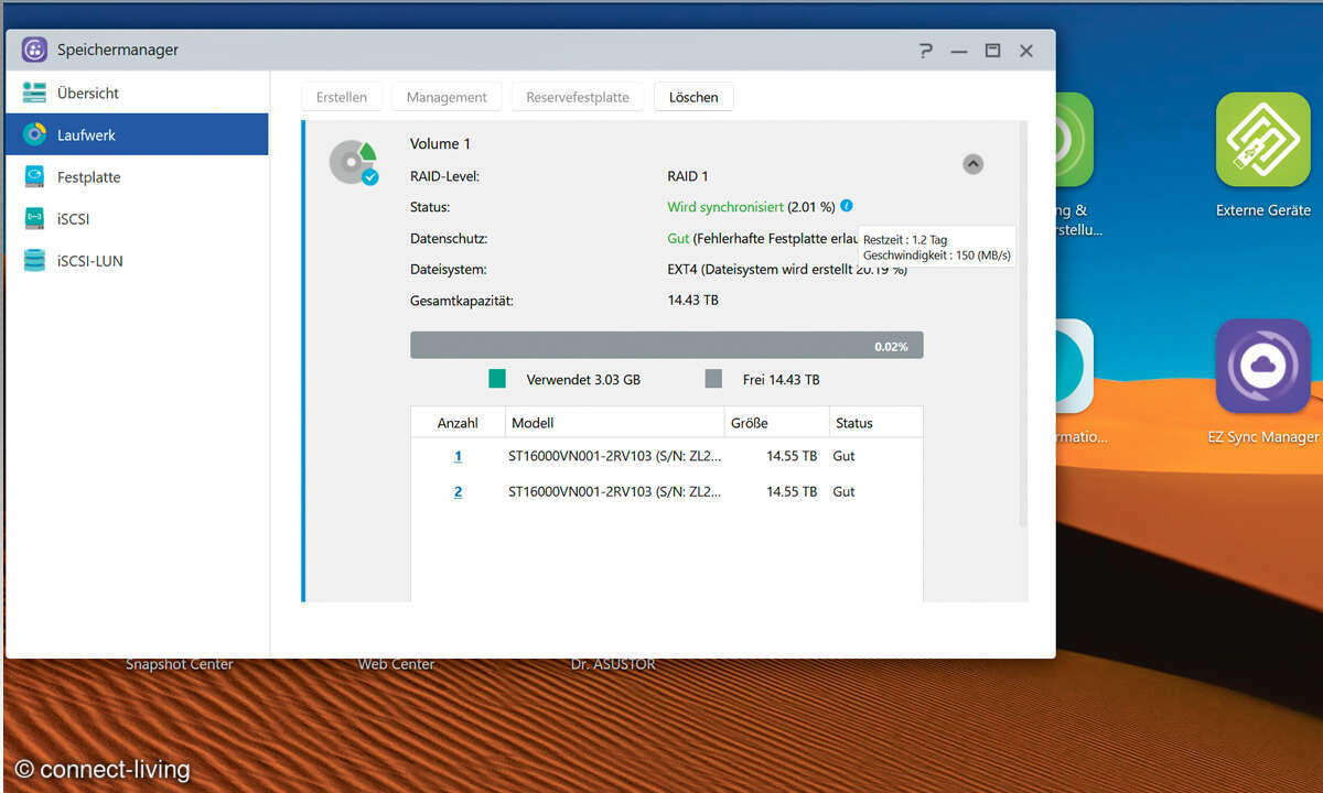 2-Bay-NAS: Asustor AS1102T im Test - Screenshot Synchronisierung