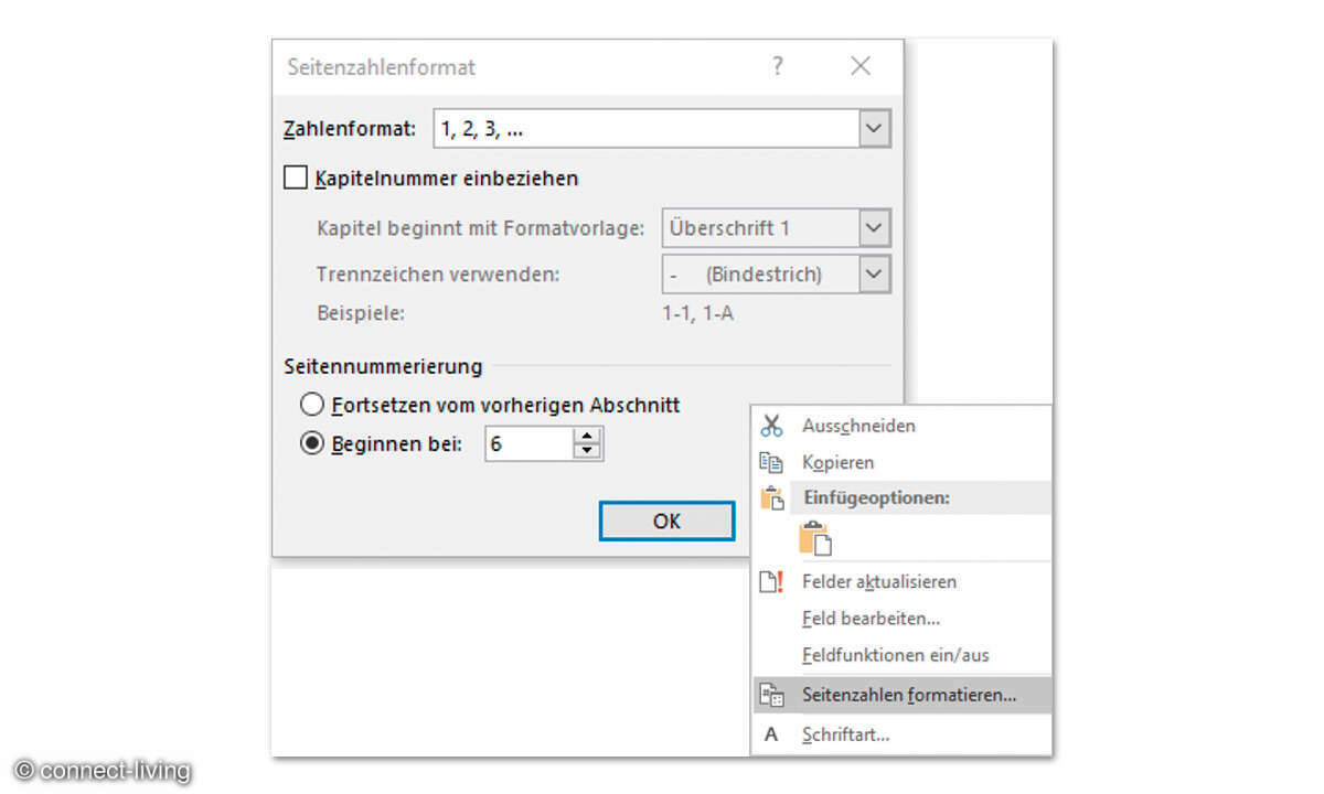 Kopf- & Fußzeilen in Text und Tabellen - Screenshot Nummerierung beliebig anfangen