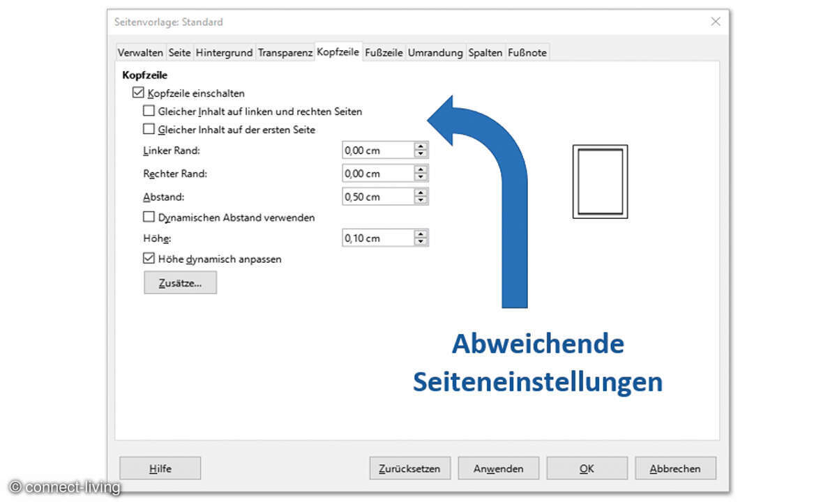 Kopf- & Fußzeilen in Text und Tabellen - Screenshot Tipp abw. Einstellungen Writer Documente