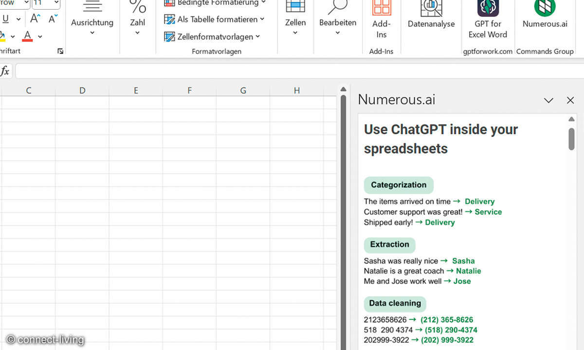 MS Excel mit ChatGPT nutzen - Screenshot Excel mit Numerous.ai