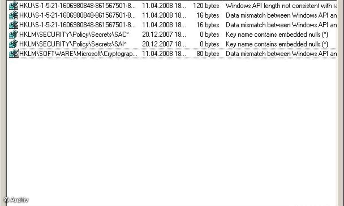 Sysinternals Rootkit Revealer - Suchergebnisse