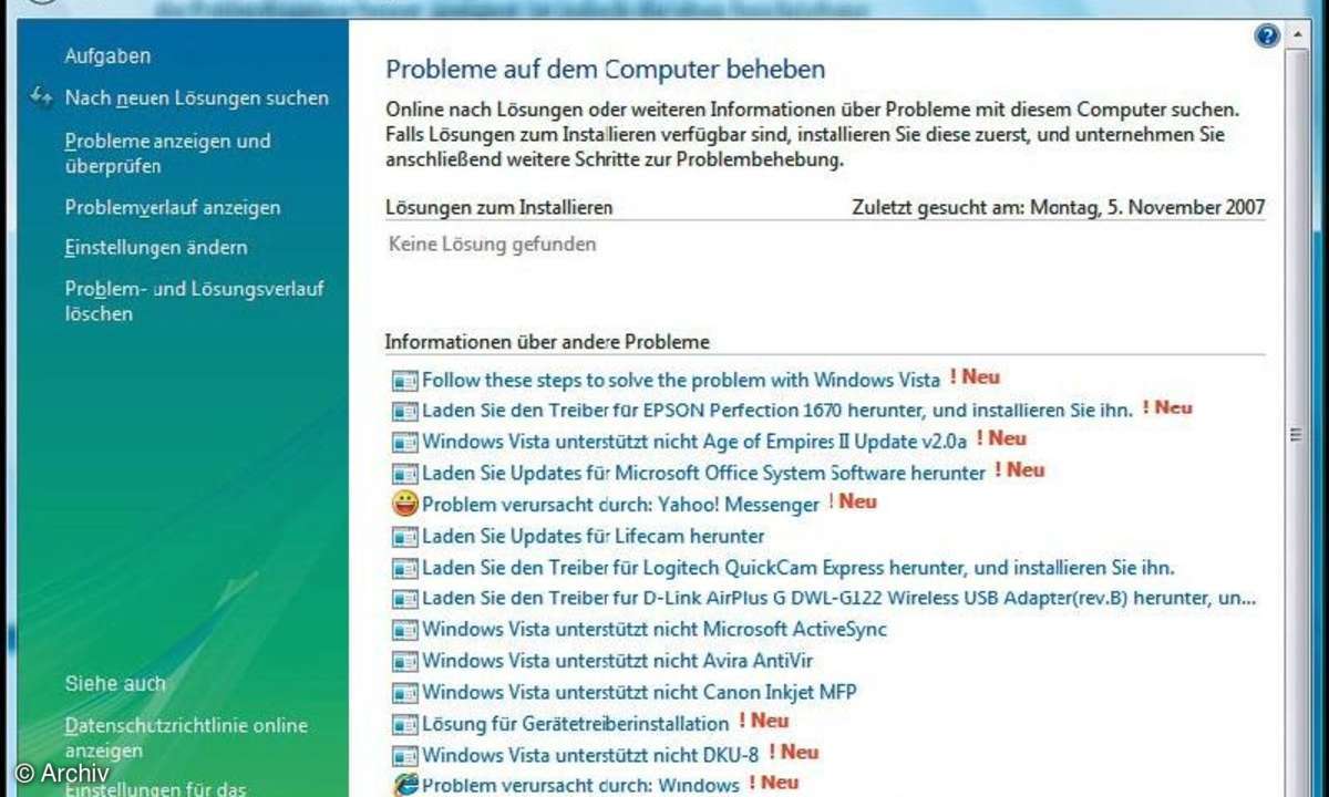 Windows Vista: Problemberichte und -lösungen