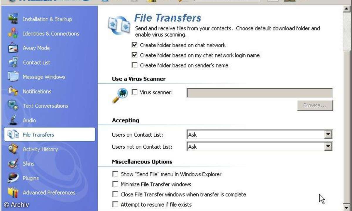 Trillian - Dateitransferoptionen