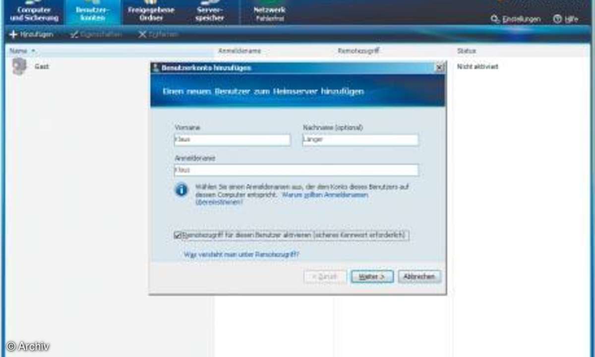 Windows Home Server-Connector: Benutzerkonten anlegen