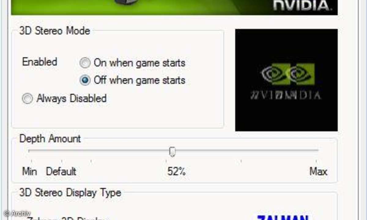 Das Kontrollpanel der Nvidia 3D-Stereo-Treiber