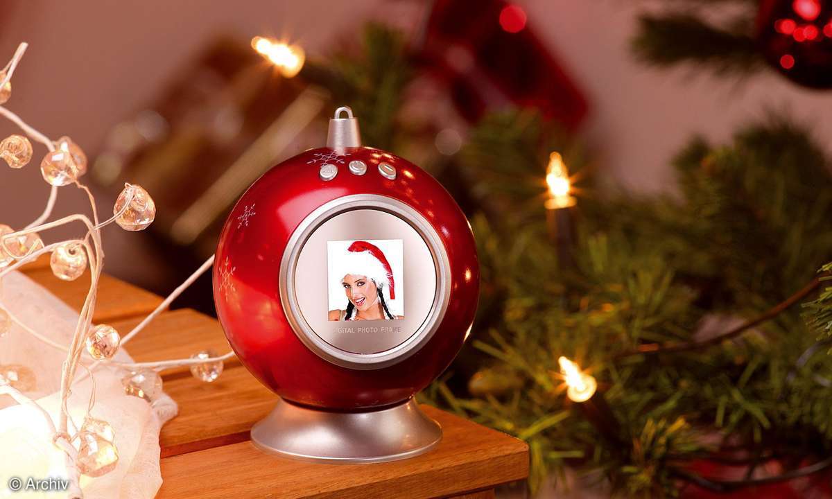 Infactory Weihnachtskugel mit digitalem 3,8 cm Bilderrahmen & LCD-Uhr