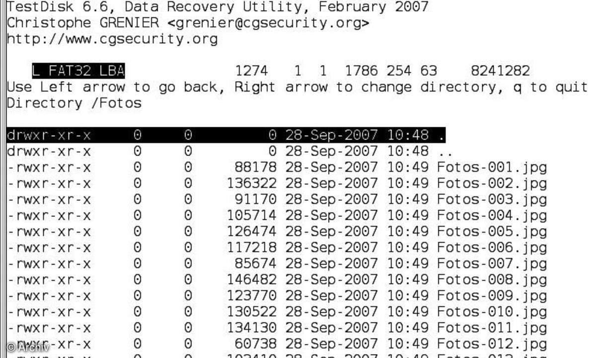 Datenretter Testdisk: Partitionsvorschau