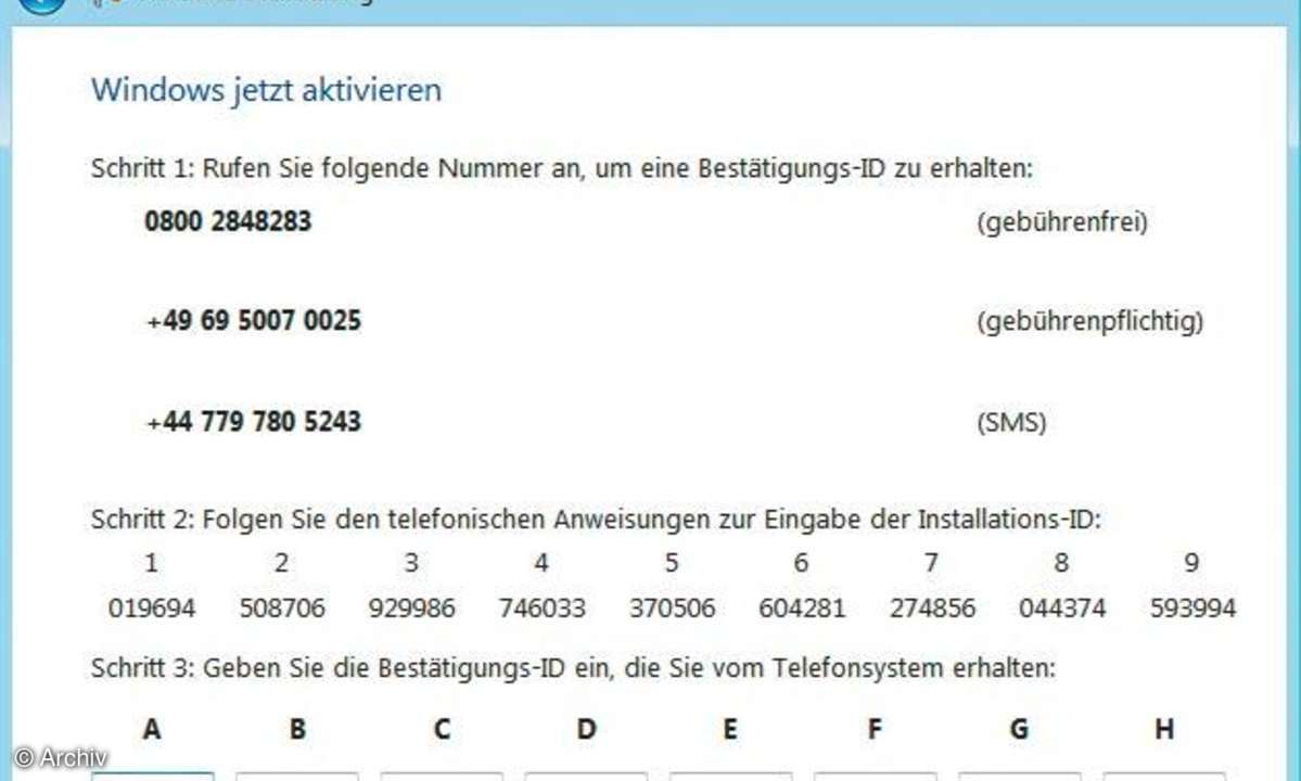 Windows Vista: telefonische Aktivierung