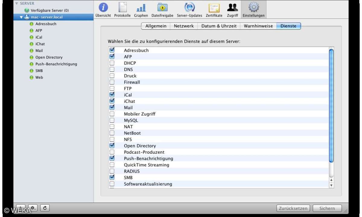 Dienste des Mac Mini Servers
