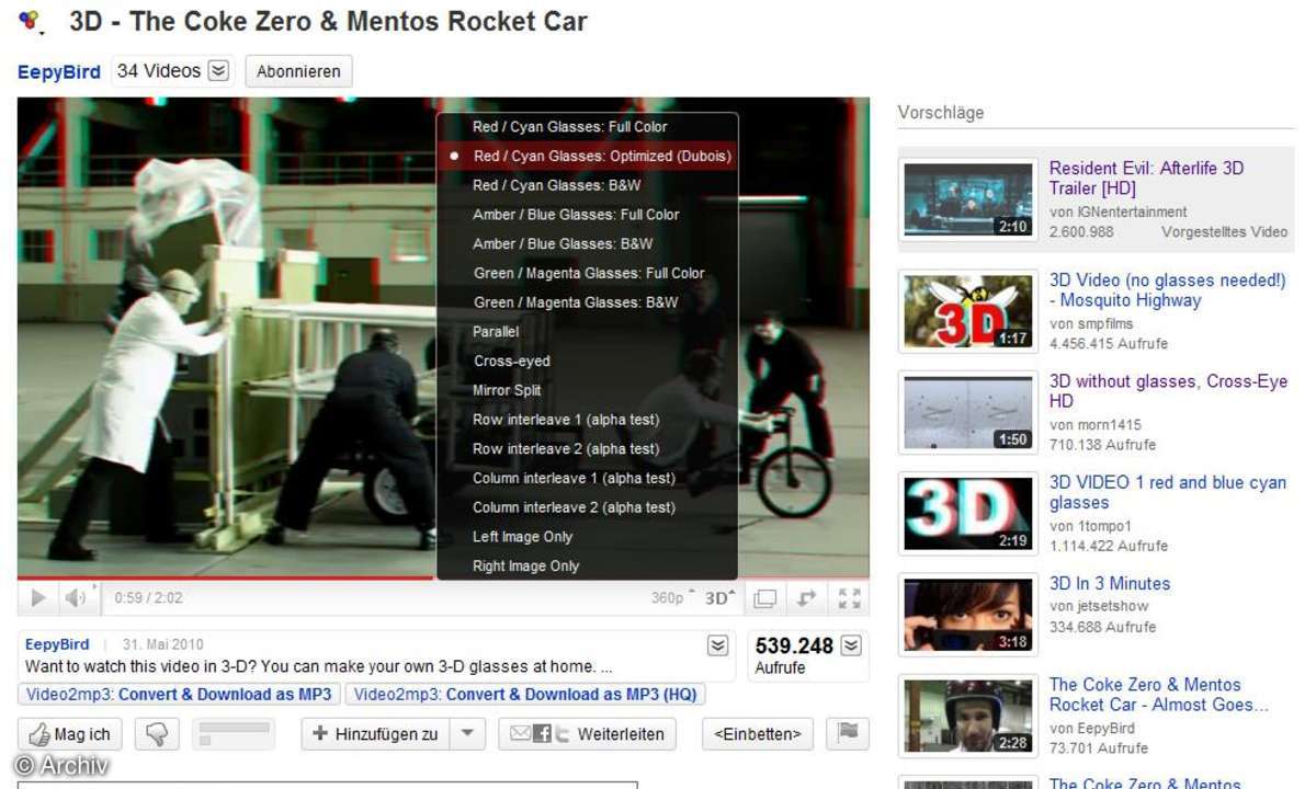 YouTube mit 3D-Optionen