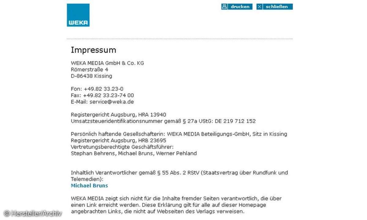 mustergültigen Impressums der WEKA MEDIA GmbH & Co
